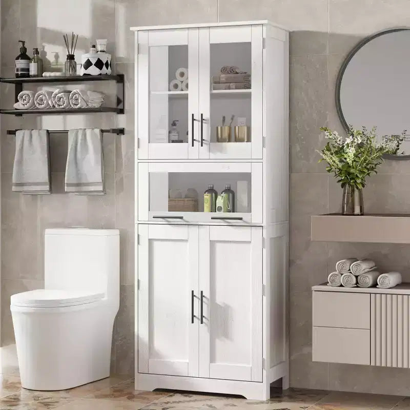Armadietto da Bagno Alto 67 Pollici con 4 Ante e Cassetto a Ribalta in Vetro, Mobile Contenitore con Ripiani Regolabili, Organizer Autoportante per Cucina, Dispensa, Soggiorno