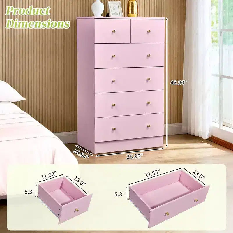 Karl Home Cassettiera Grande a 6 Cassetti per Camera da Letto e Cassettiera con Robusta Struttura in Legno Organizzatore per Armadio in Rosa
