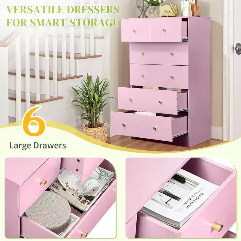 Karl Home Cassettiera Grande a 6 Cassetti per Camera da Letto e Cassettiera con Robusta Struttura in Legno Organizzatore per Armadio in Rosa