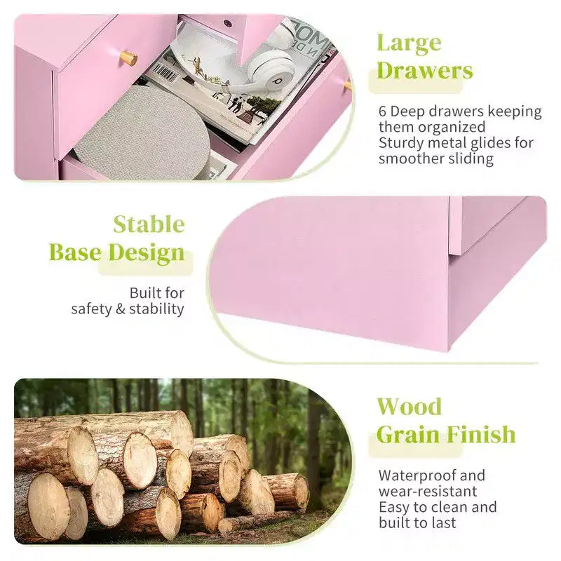 Karl Home Cassettiera Grande a 6 Cassetti per Camera da Letto e Cassettiera con Robusta Struttura in Legno Organizzatore per Armadio in Rosa