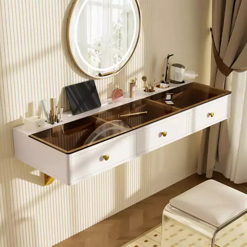 GO 47 Mensola sospesa con cassetto, tavolo da trucco multiuso a parete, scrivania a parete, tavolo sospeso per camera da letto, bagno, bianco e oro