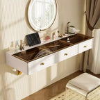 GO 47 Mensola sospesa con cassetto, tavolo da trucco multiuso a parete, scrivania a parete, tavolo sospeso per camera da letto, bagno, bianco e oro