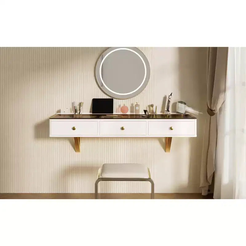 GO 47 Mensola sospesa con cassetto, tavolo da trucco multiuso a parete, scrivania a parete, tavolo sospeso per camera da letto, bagno, bianco e oro
