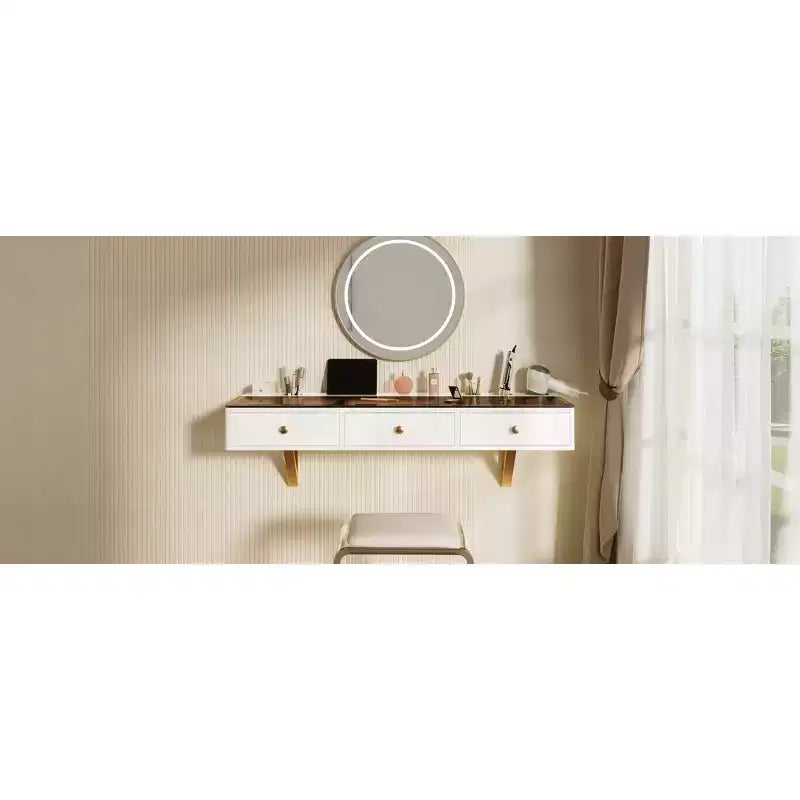 GO 47 Mensola sospesa con cassetto, tavolo da trucco multiuso a parete, scrivania a parete, tavolo sospeso per camera da letto, bagno, bianco e oro