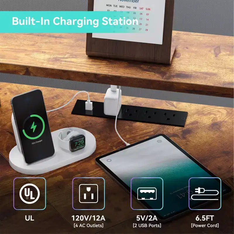 Scrivania a L con luci LED e prese elettriche, scrivania da computer con supporto monitor, adatta per uffici domestici, scrivania da ufficio per la casa