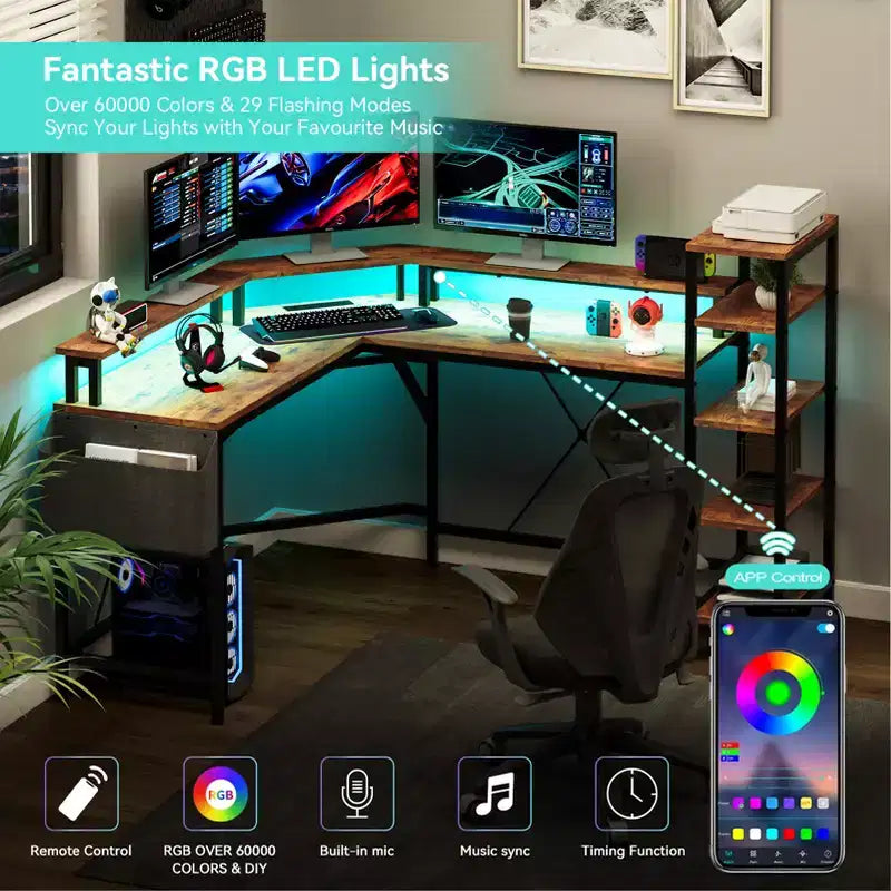 Scrivania a L con luci LED e prese elettriche, scrivania da computer con supporto monitor, adatta per uffici domestici, scrivania da ufficio per la casa
