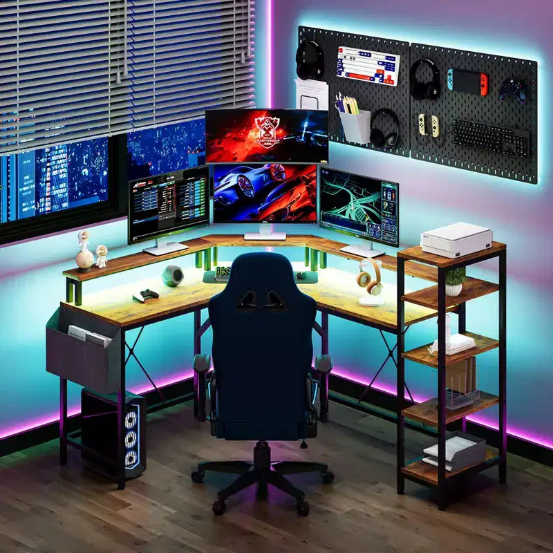 Scrivania a L con luci LED e prese elettriche, scrivania da computer con supporto monitor, adatta per uffici domestici, scrivania da ufficio per la casa