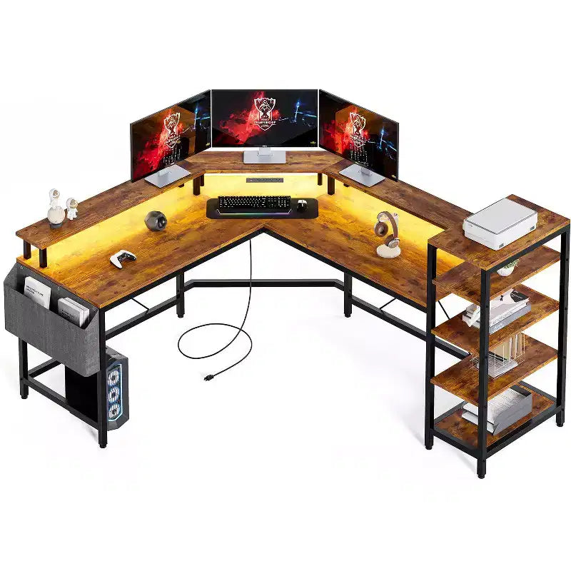 Scrivania a L con luci LED e prese elettriche, scrivania da computer con supporto monitor, adatta per uffici domestici, scrivania da ufficio per la casa