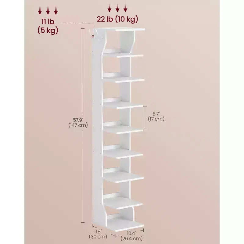 Scarpiera Verticale a 9 Livelli, Organizzatore di Scarpe Stretto con Ganci, Scarpiera da Angolo Sottile, per Ingresso, Camera da Letto, Bianco