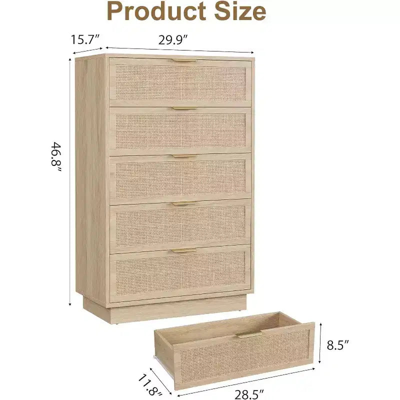 COZONY Cassettiera Verticale Stretta a 5 Cassetti, in MDF e Truciolato con Design in Rattan Intrecciato, per Camera da Letto e Soggiorno