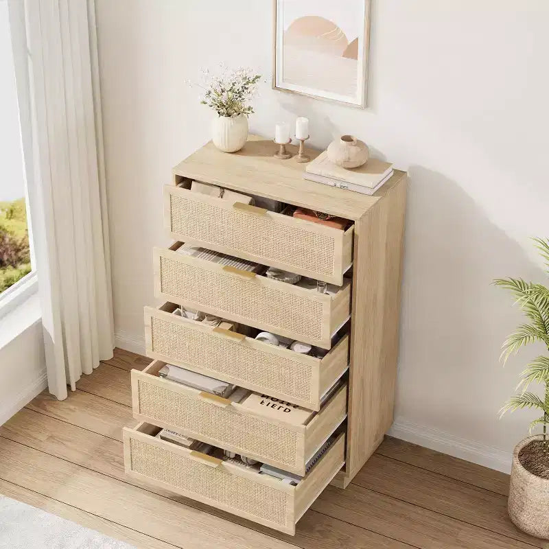 COZONY Cassettiera Verticale Stretta a 5 Cassetti, in MDF e Truciolato con Design in Rattan Intrecciato, per Camera da Letto e Soggiorno