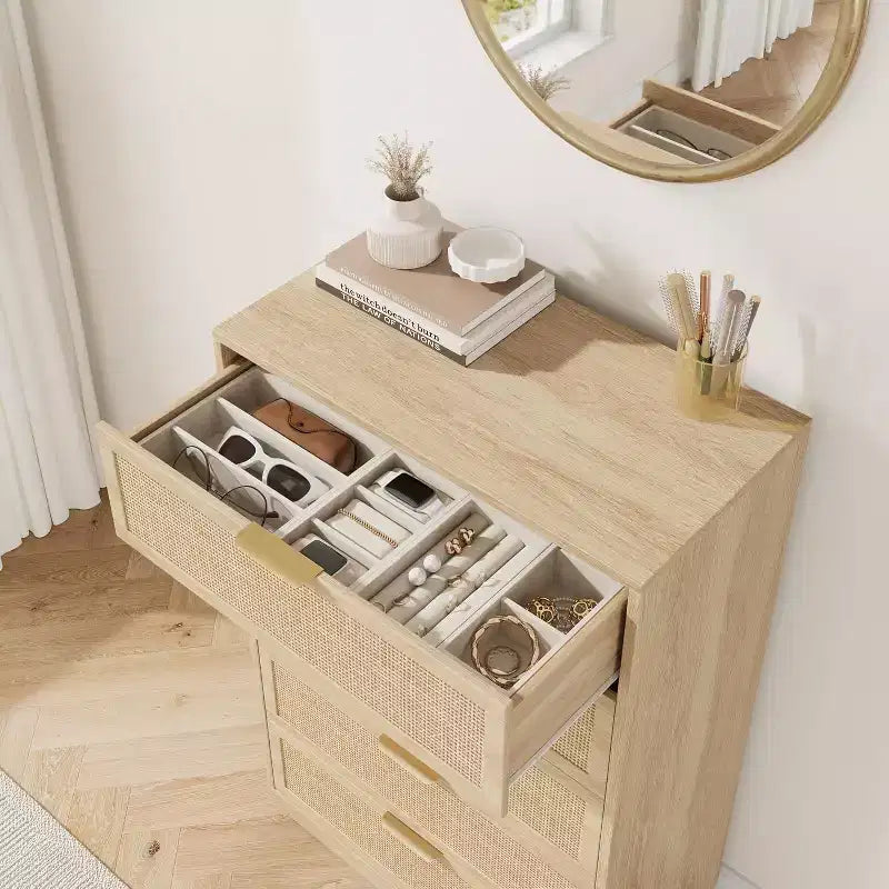 COZONY Cassettiera Verticale Stretta a 5 Cassetti, in MDF e Truciolato con Design in Rattan Intrecciato, per Camera da Letto e Soggiorno