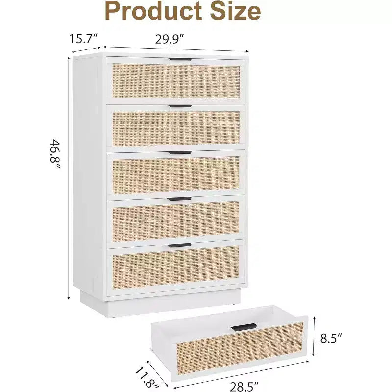 COZONY Cassettiera Verticale Stretta a 5 Cassetti, in MDF e Truciolato con Design in Rattan Intrecciato, per Camera da Letto e Soggiorno