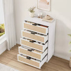 COZONY Cassettiera Verticale Stretta a 5 Cassetti, in MDF e Truciolato con Design in Rattan Intrecciato, per Camera da Letto e Soggiorno