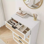 COZONY Cassettiera Verticale Stretta a 5 Cassetti, in MDF e Truciolato con Design in Rattan Intrecciato, per Camera da Letto e Soggiorno