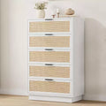 COZONY Vertical Narrow 5-Drawer Chest, Woven Rattan Design MDF PB Construction for Bedroom Living Room