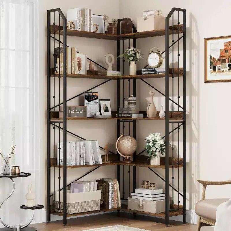 Scaffale angolare 72 Libreria a forma di L, Scaffali angolari Libreria industriale 5 ripiani a forma di L, Grandi librerie con design a perline