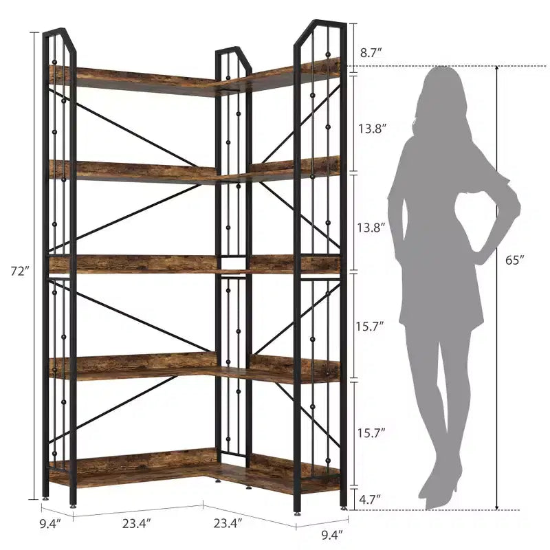 Scaffale angolare 72 Libreria a forma di L, Scaffali angolari Libreria industriale 5 ripiani a forma di L, Grandi librerie con design a perline