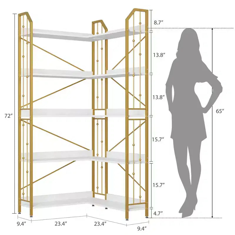 Scaffale angolare 72 Libreria a forma di L, Scaffali angolari Libreria industriale 5 ripiani a forma di L, Grandi librerie con design a perline