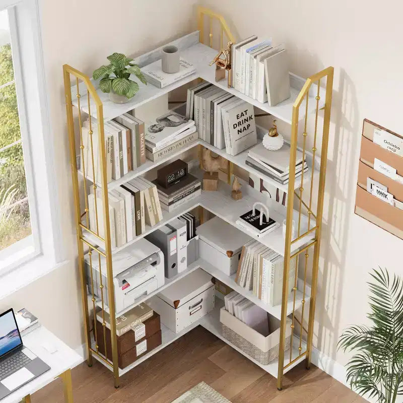 Scaffale angolare 72 Libreria a forma di L, Scaffali angolari Libreria industriale 5 ripiani a forma di L, Grandi librerie con design a perline