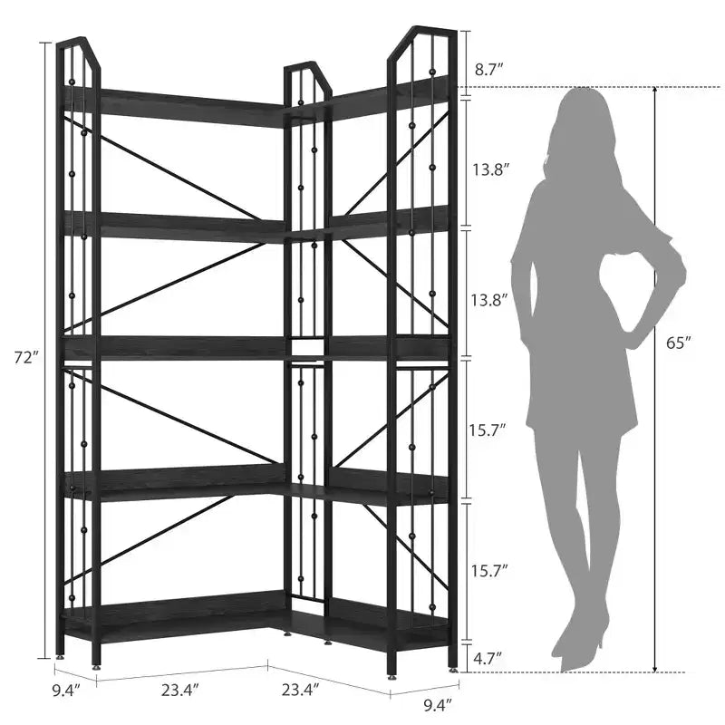 Scaffale angolare 72 Libreria a forma di L, Scaffali angolari Libreria industriale 5 ripiani a forma di L, Grandi librerie con design a perline