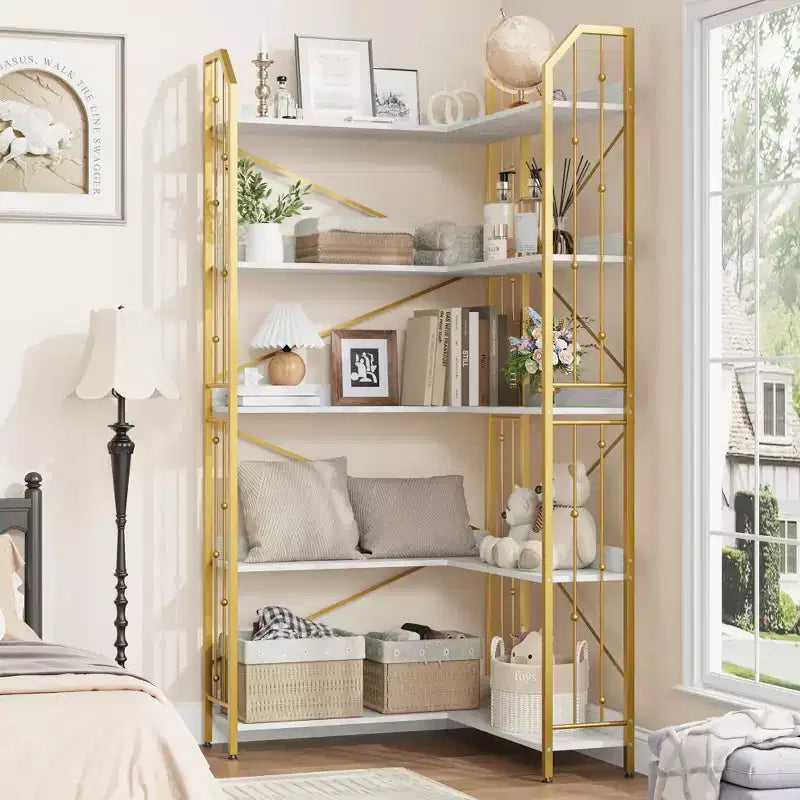 Scaffale angolare 72 Libreria a forma di L, Scaffali angolari Libreria industriale 5 ripiani a forma di L, Grandi librerie con design a perline