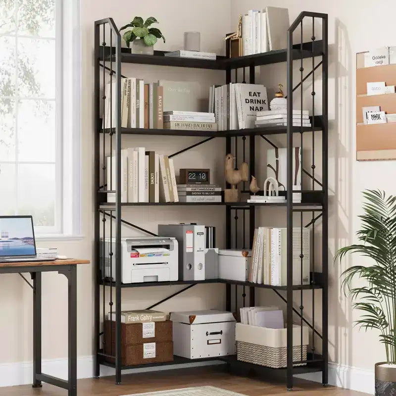 Scaffale angolare 72 Libreria a forma di L, Scaffali angolari Libreria industriale 5 ripiani a forma di L, Grandi librerie con design a perline