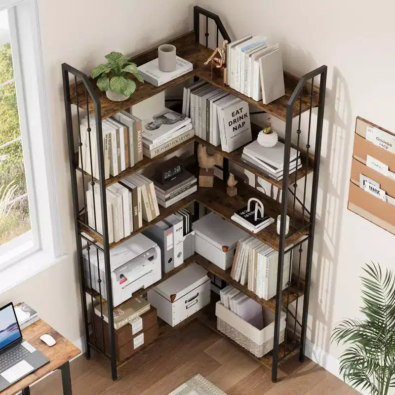 Scaffale angolare 72 Libreria a forma di L, Scaffali angolari Libreria industriale 5 ripiani a forma di L, Grandi librerie con design a perline