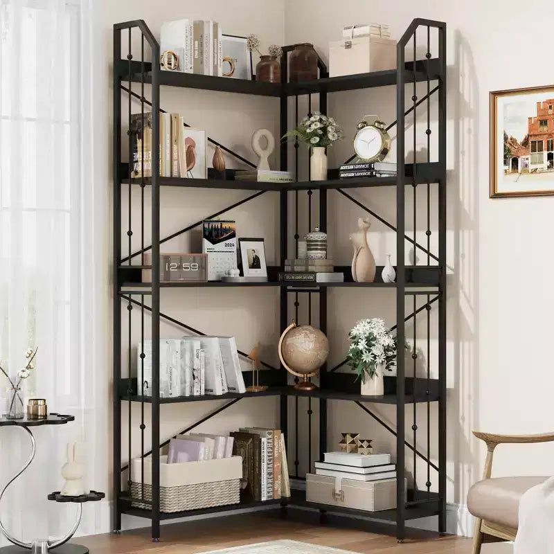 Corner Bookshelf 72 L Shaped Bookcase, Corner Bookshelves Industrial Bookcase 5 Tier L-Shape Bookshelf, Large Bookcases with Beaded Design