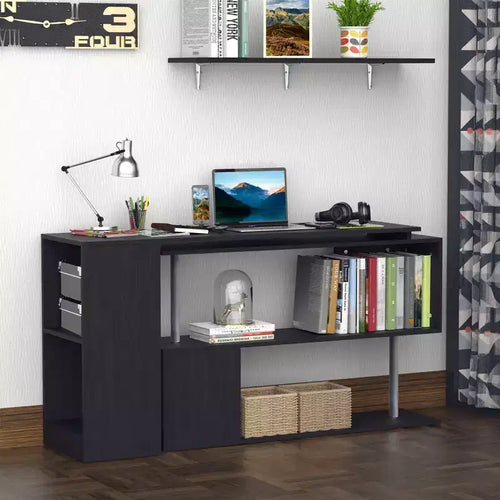 55 360 degrés Rotation Coin Bureau D'ordinateur Moderne Bureau à Domicile en Forme de L avec Étagères de Rangement à 3 Niveaux, Bibliothèque