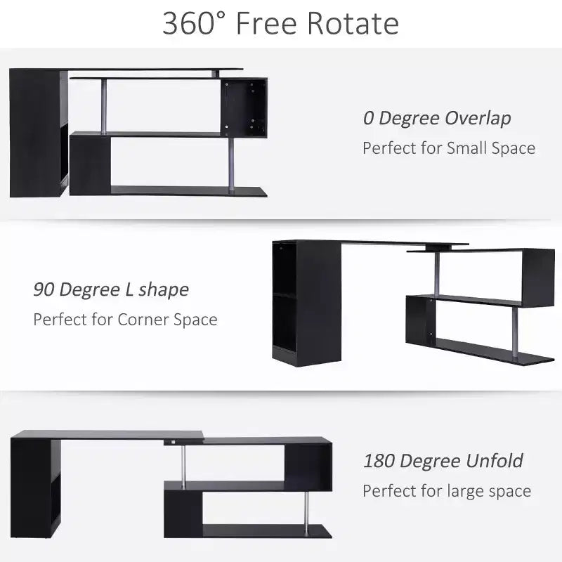55 Scrivania angolare girevole a 360 gradi, a L, moderna, per ufficio, con scaffali portaoggetti a 3 ripiani, libreria