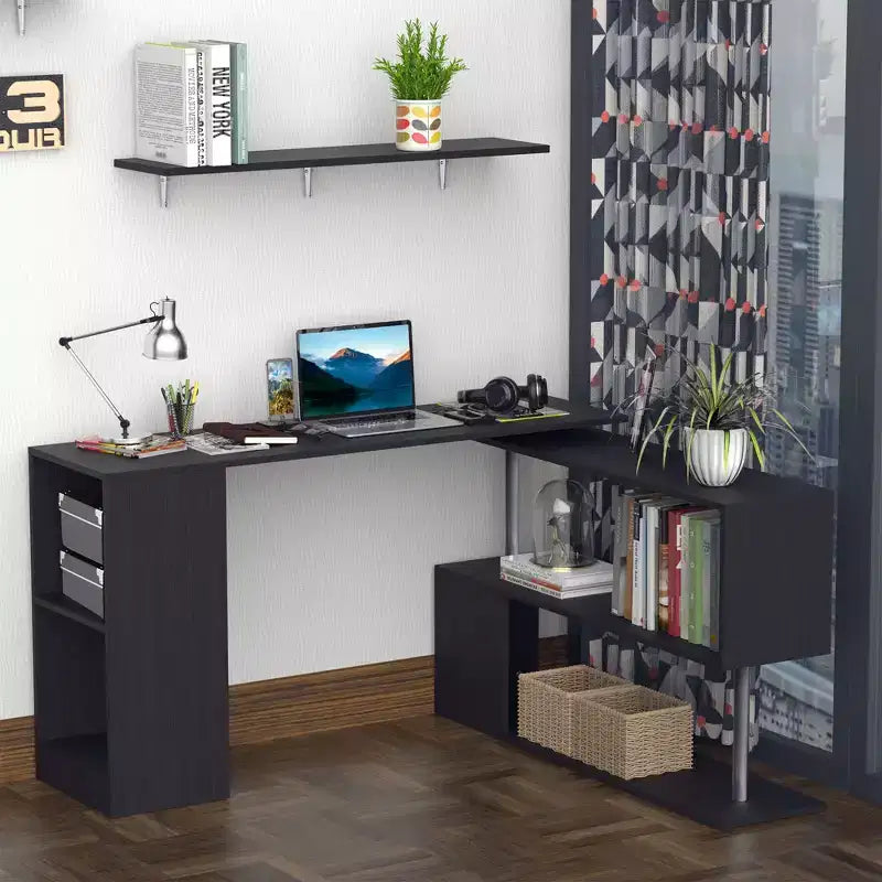 55 Scrivania angolare girevole a 360 gradi, a L, moderna, per ufficio, con scaffali portaoggetti a 3 ripiani, libreria