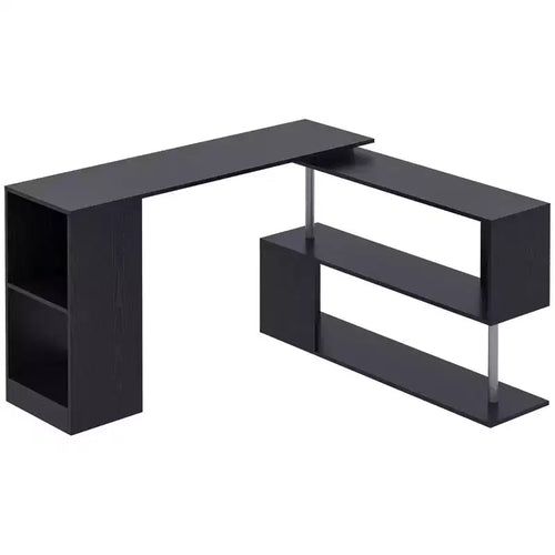 55 360 Degree Rotating Corner Computer Desk Modern L-Shaped Home Office Workstation with 3-Tier Storage Shelves, Bookshelf