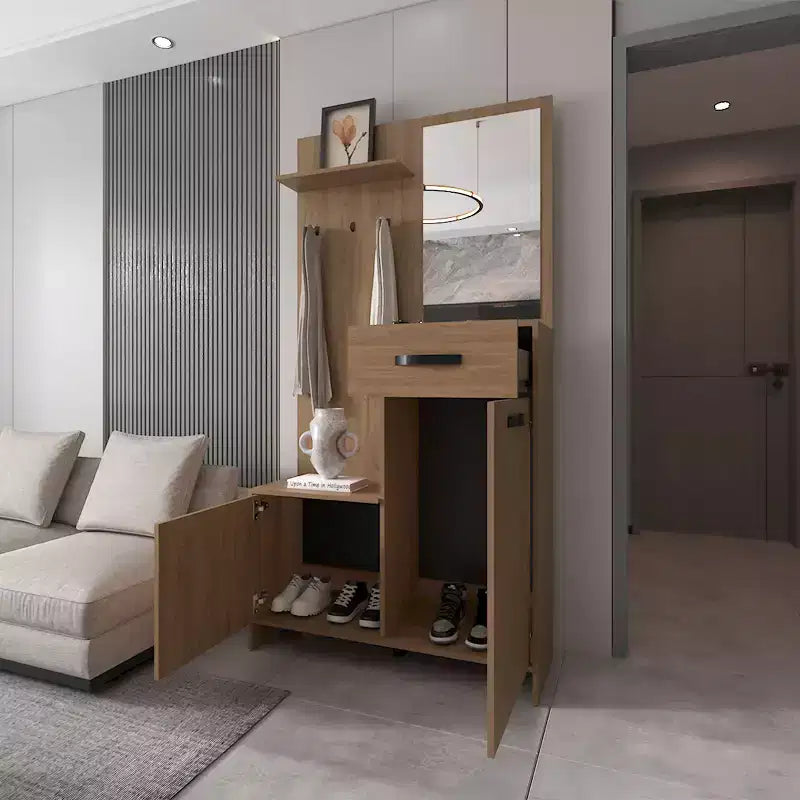 Okak Modern Hall Tree con 3 Ganci e Specchio, Appendiabiti da Terra con Ampio Spazio di Archiviazione, Albero Appendiabiti per Soggiorno, Camera da Letto, Rovere Chiaro