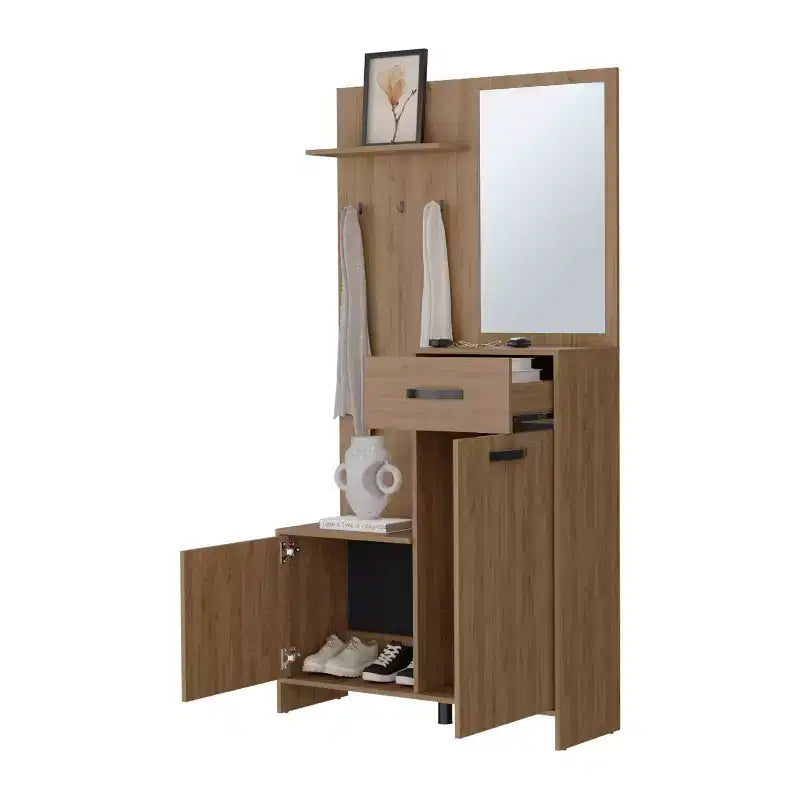 Okak Modern Hall Tree con 3 Ganci e Specchio, Appendiabiti da Terra con Ampio Spazio di Archiviazione, Albero Appendiabiti per Soggiorno, Camera da Letto, Rovere Chiaro