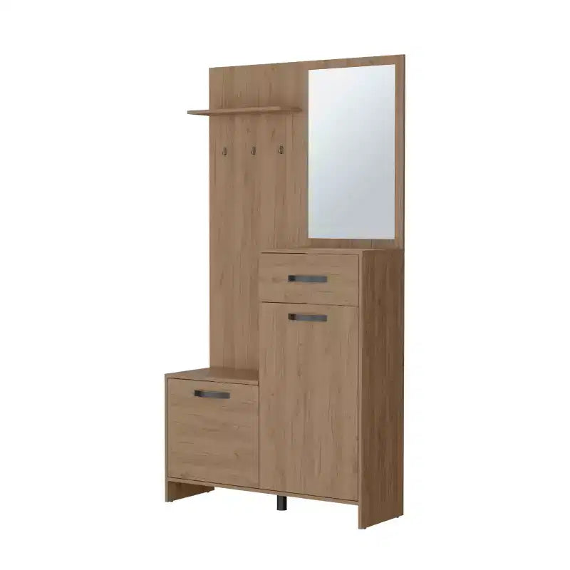 Okak Modern Hall Tree con 3 Ganci e Specchio, Appendiabiti da Terra con Ampio Spazio di Archiviazione, Albero Appendiabiti per Soggiorno, Camera da Letto, Rovere Chiaro