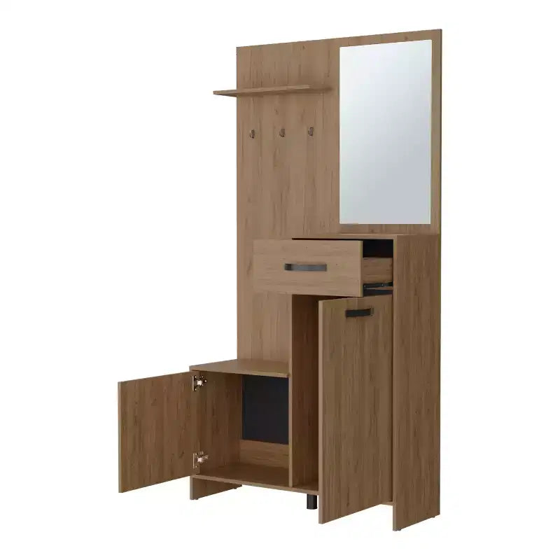 Okak Modern Hall Tree con 3 Ganci e Specchio, Appendiabiti da Terra con Ampio Spazio di Archiviazione, Albero Appendiabiti per Soggiorno, Camera da Letto, Rovere Chiaro