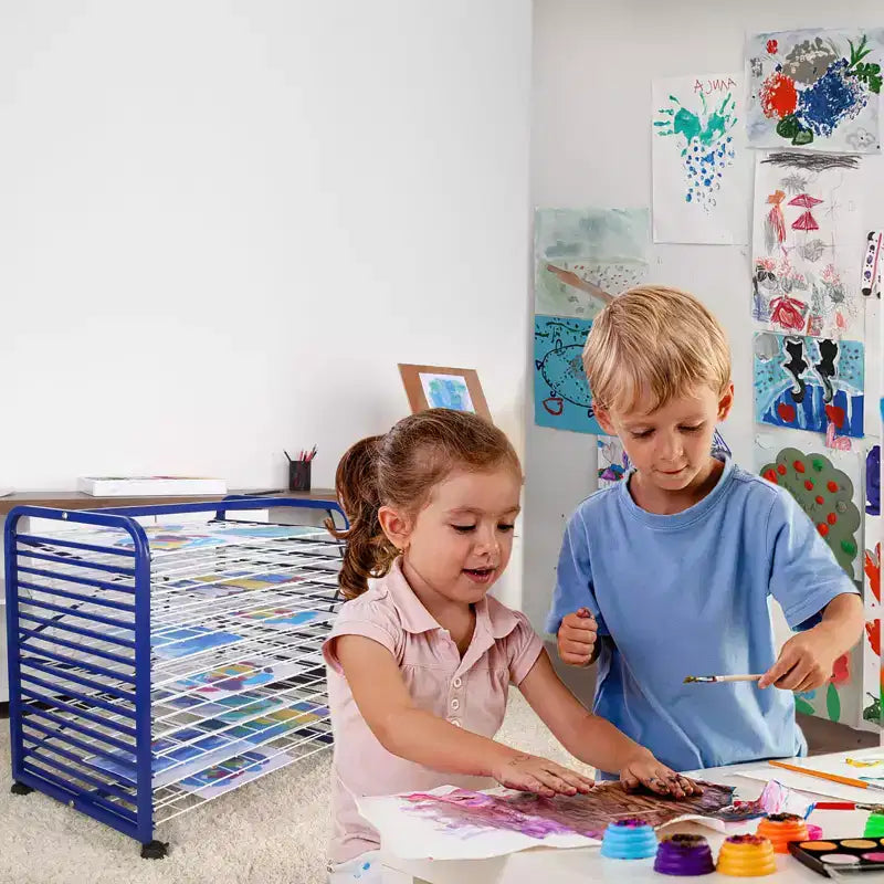 Scaffale piccolo e mobile per asciugatura artistica, con ripiani in filo metallico regolabili e ruote, per studi, scuole e aule