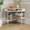 Famapy White & Oak Rotating Corner Side Table  Curved Drawer + Open Shelves