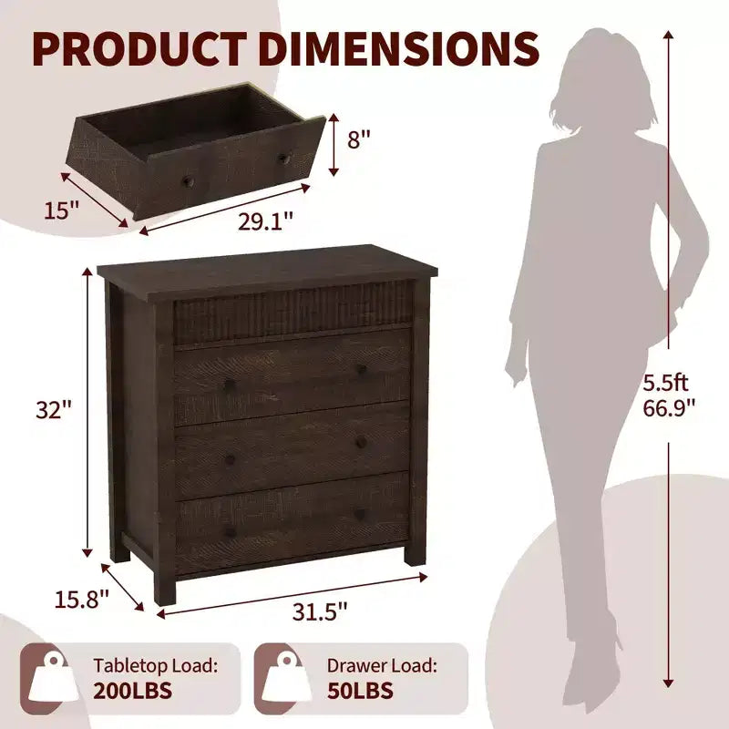 Cassettiera a 5 cassetti per camera da letto, Comò in legno, Mobile contenitore scanalato per soggiorno, corridoio e ingresso, Noce