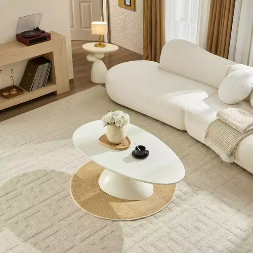 Tavolino da Caffè in Fibra di Vetro Ovale con Base Scultorea 47 Lucky Stone Bianco Latte