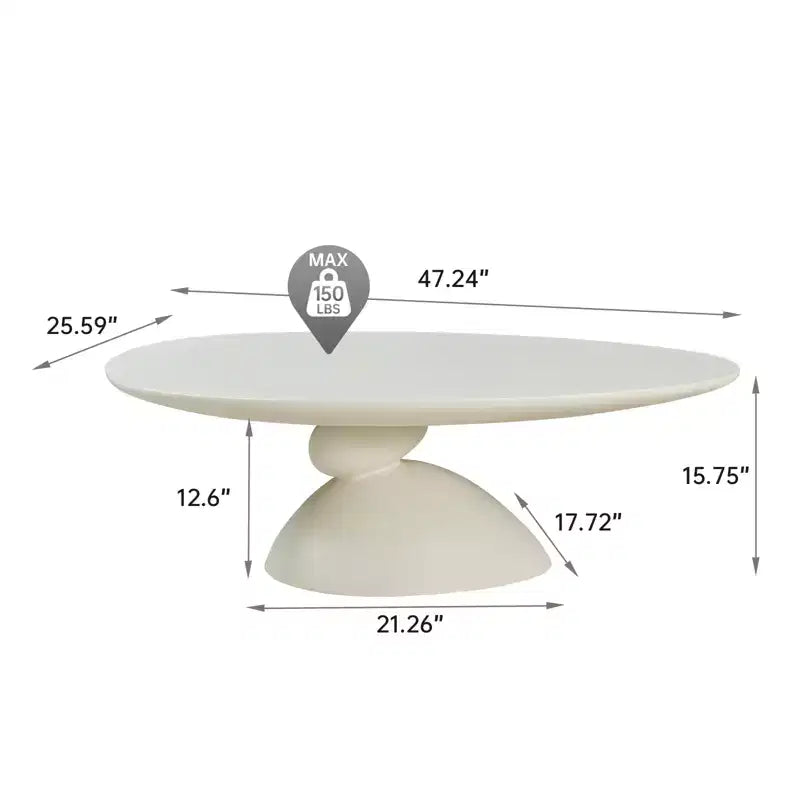 Tavolino da Caffè in Fibra di Vetro Ovale con Base Scultorea 47 Lucky Stone Bianco Latte