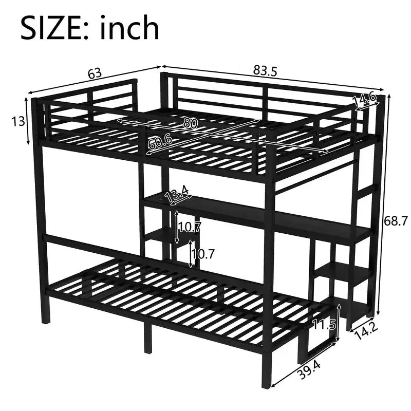 Bellemave Letto a castello/a soppalco in metallo Queen sopra Twin XL con scrivania e mensole, Struttura letto a castello in metallo con LED e USB, Molteplici usi si ripiega in divano, Nero