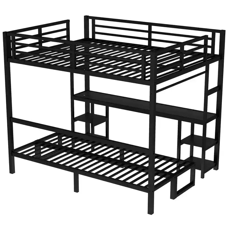 Bellemave Letto a castello/a soppalco in metallo Queen sopra Twin XL con scrivania e mensole, Struttura letto a castello in metallo con LED e USB, Molteplici usi si ripiega in divano, Nero