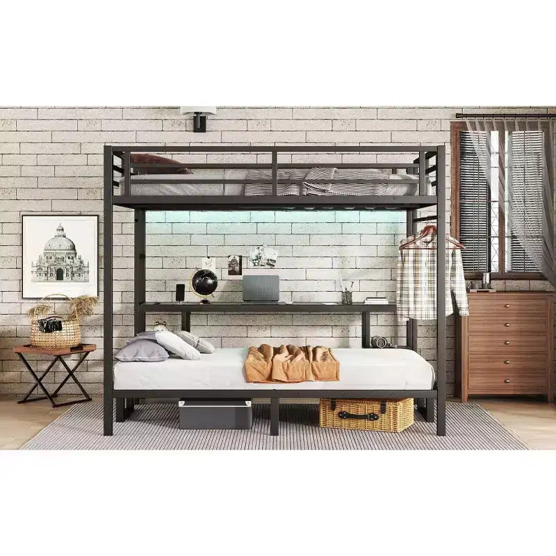 Bellemave Letto a castello/a soppalco in metallo Queen sopra Twin XL con scrivania e mensole, Struttura letto a castello in metallo con LED e USB, Molteplici usi si ripiega in divano, Nero