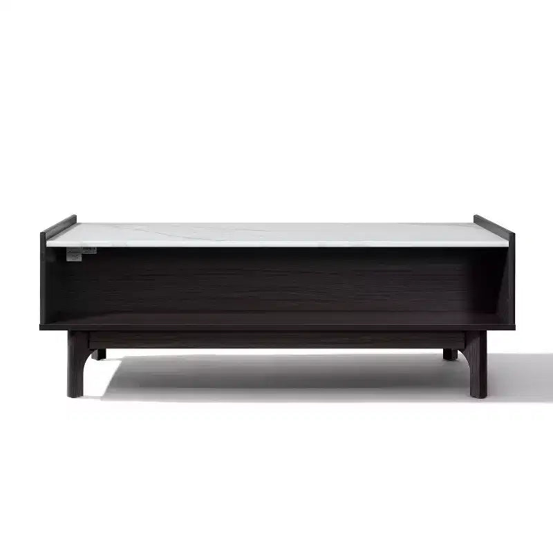 LuxenHome Tavolino da Caffè Modi Wenge con 1 Anta, Vano a Giorno e Lati Rialzati, Piano in Finto Marmo, Legno Lavorato Marrone