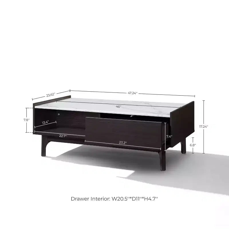 LuxenHome Tavolino da Caffè Modi Wenge con 1 Anta, Vano a Giorno e Lati Rialzati, Piano in Finto Marmo, Legno Lavorato Marrone