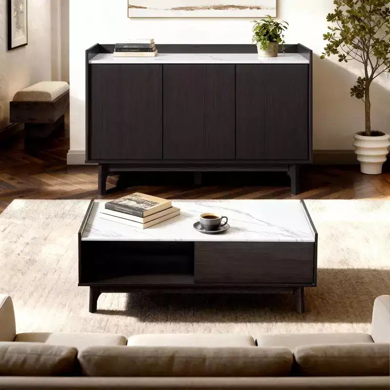 LuxenHome Tavolino da Caffè Modi Wenge con 1 Anta, Vano a Giorno e Lati Rialzati, Piano in Finto Marmo, Legno Lavorato Marrone