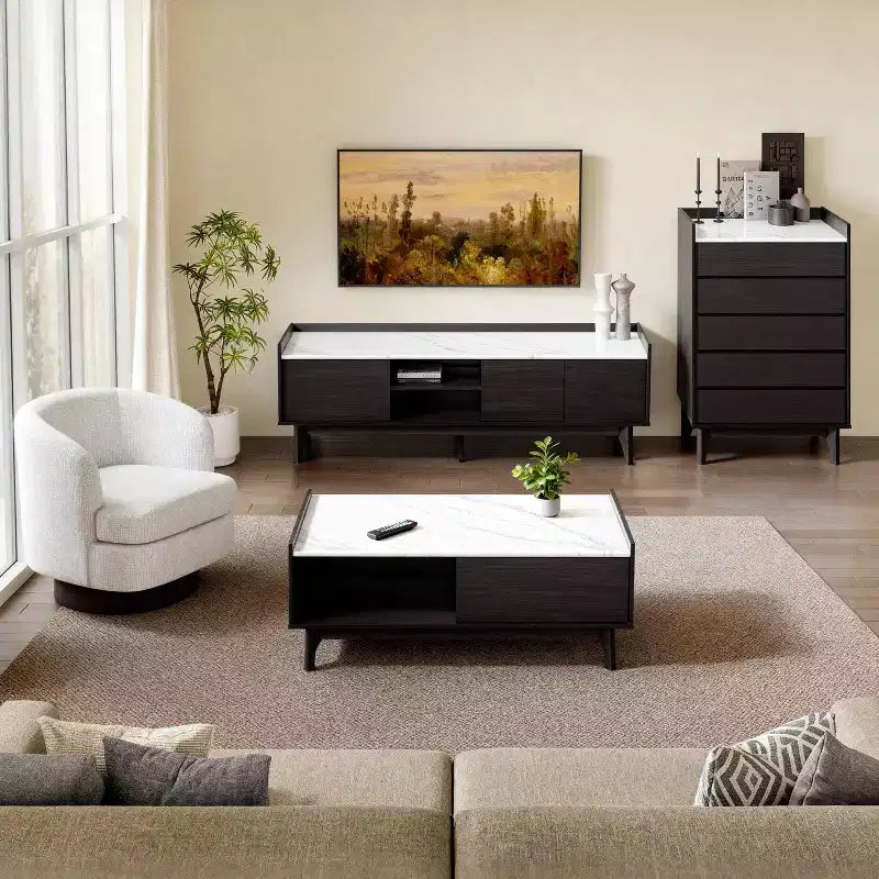 LuxenHome Tavolino da Caffè Modi Wenge con 1 Anta, Vano a Giorno e Lati Rialzati, Piano in Finto Marmo, Legno Lavorato Marrone