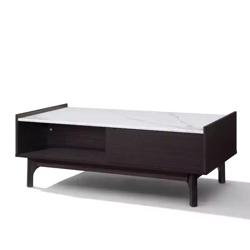 LuxenHome Tavolino da Caffè Modi Wenge con 1 Anta, Vano a Giorno e Lati Rialzati, Piano in Finto Marmo, Legno Lavorato Marrone